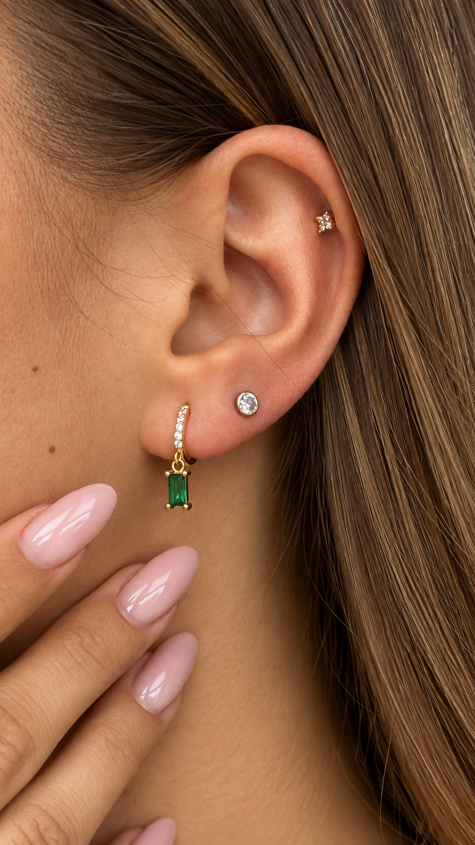 Emerald Baguette Huggie Hoops